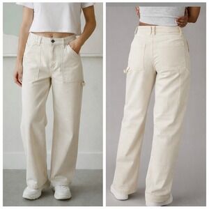 American Eagle Carpenter Pants Women 0 Cream Baggy Wide Leg Utility Gorpcore